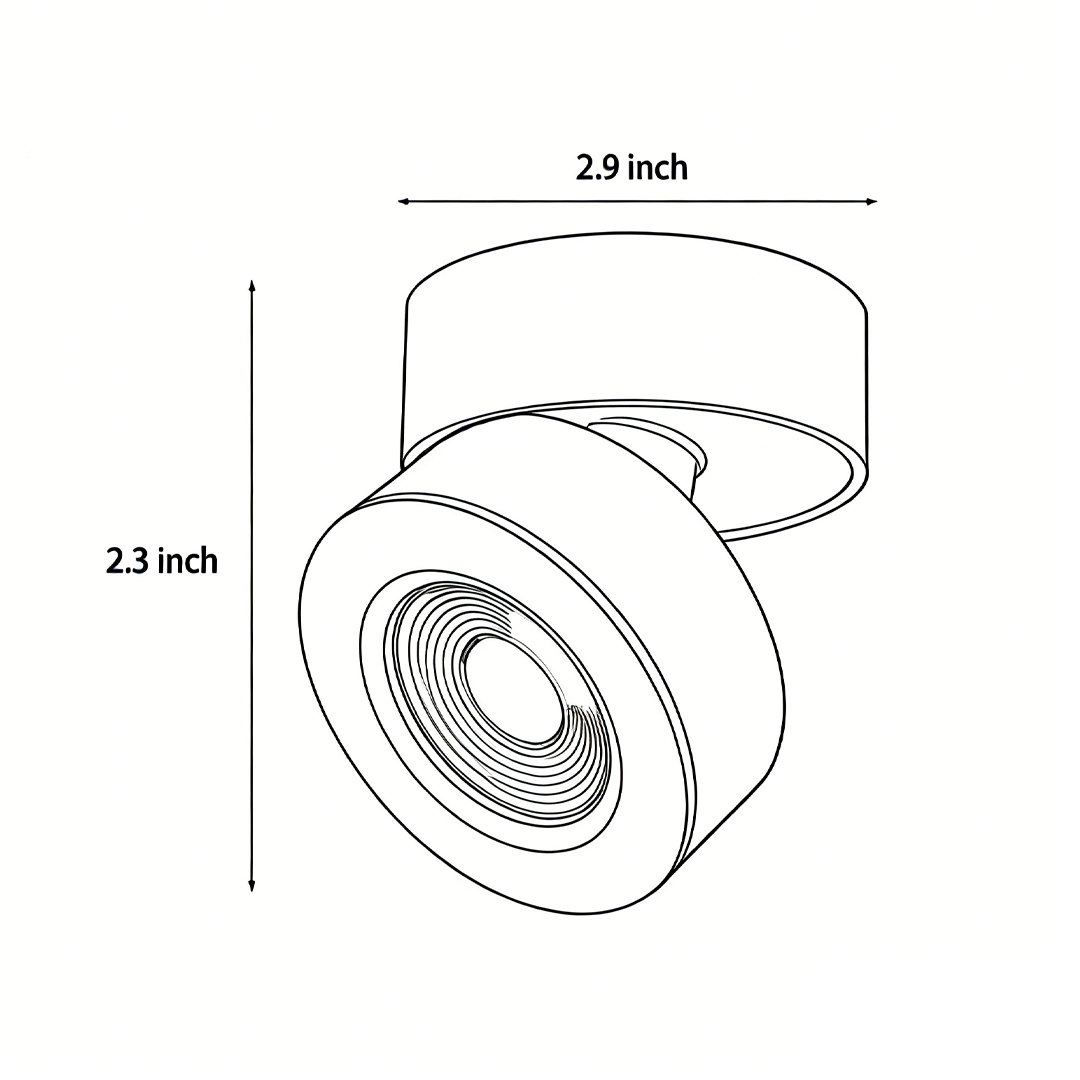 Dimensional drawing of the surface-mounted adjustable spotlight 2.9inch*2.3inch