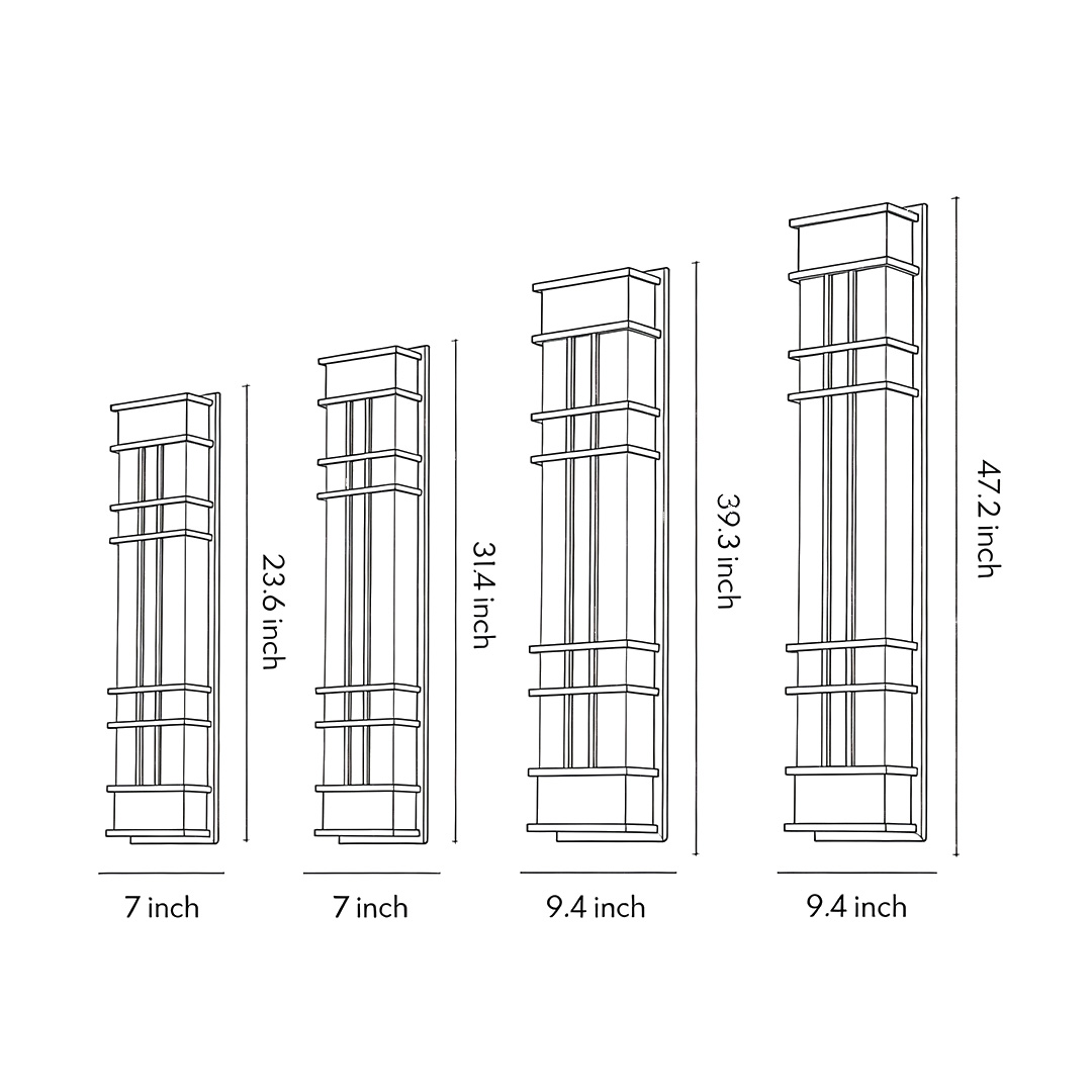 Product dimension diagrams for four specifications of the black outdoor wall sconce