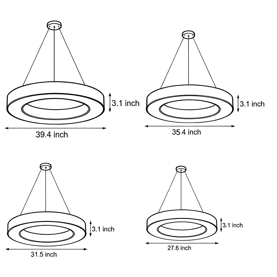 Dimensional drawings of four specifications of LED pendant ring ceiling lights