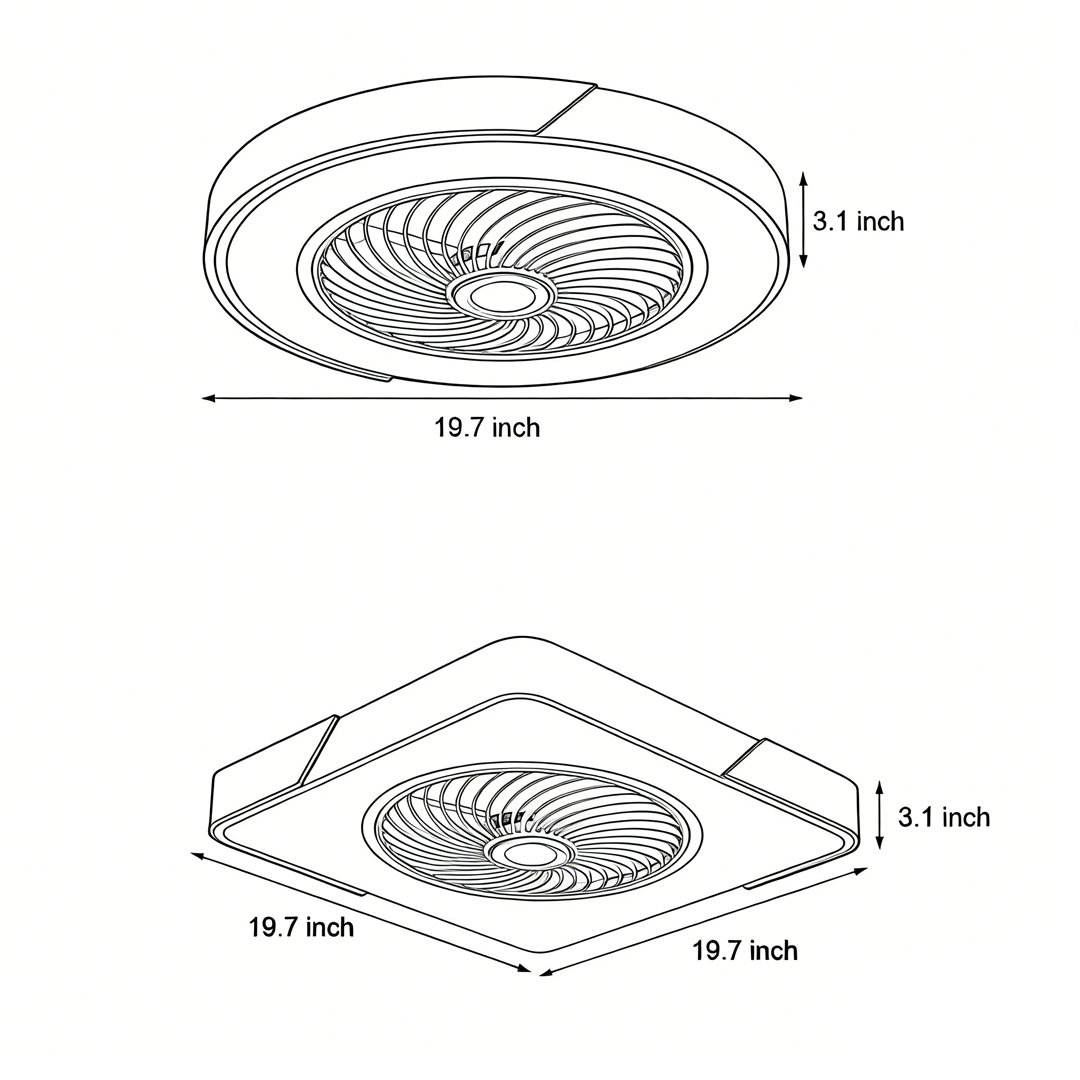 Dimensional drawings for two specifications of flush ceiling fan with light and remote control