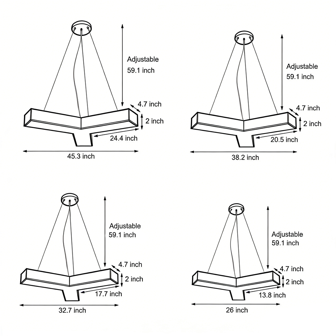Dimensional drawings of the four specifications of the Y-shaped linear light