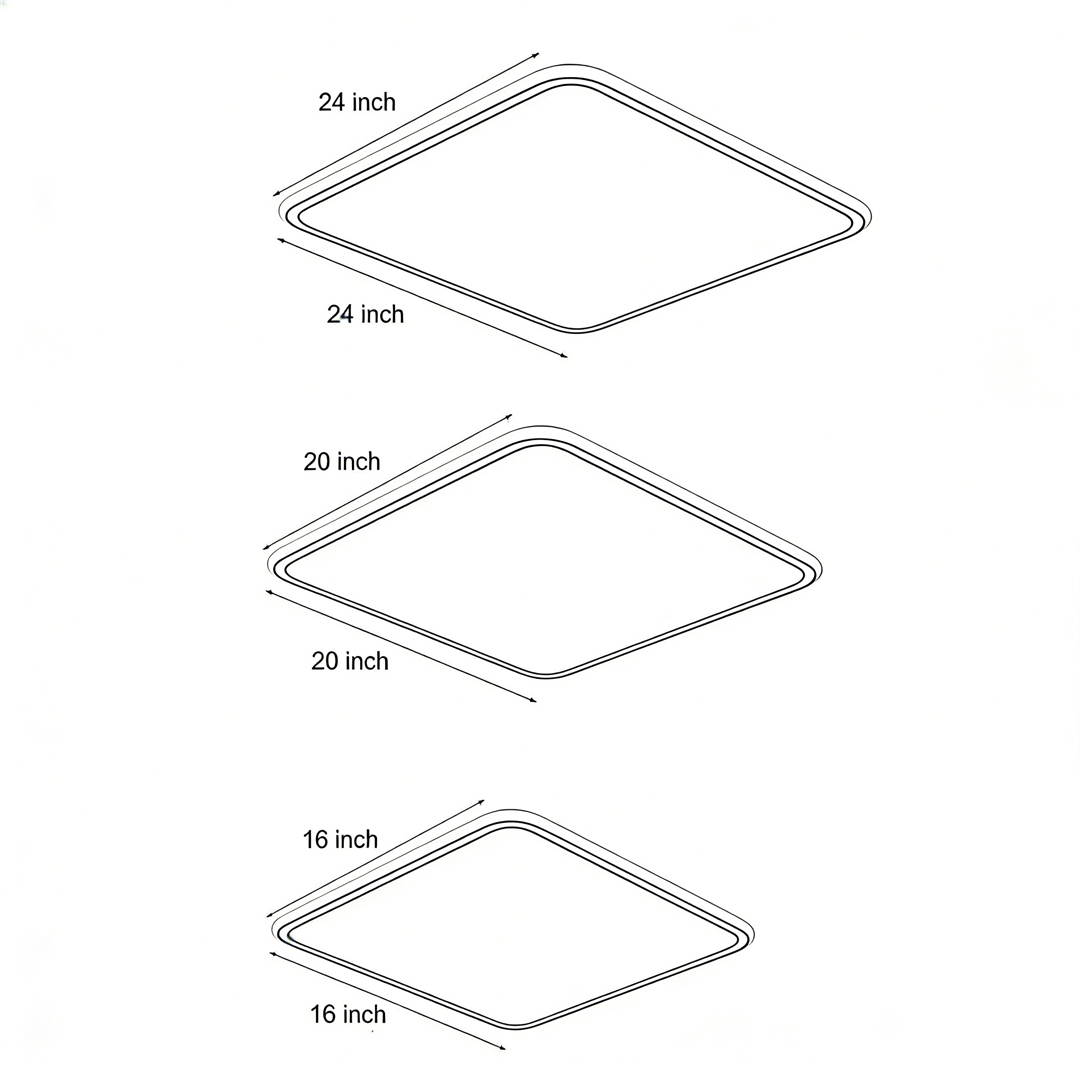 Dimensional drawings of three different specifications of square LED ceiling lights