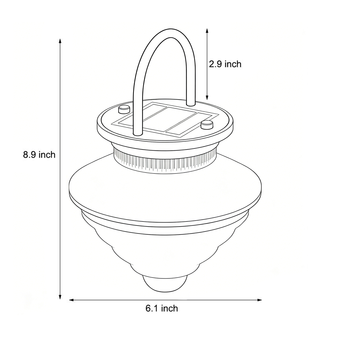 Product dimension diagram for cordless acrylic hanging lanterns 6.1inch*8.9inch*2.9inch