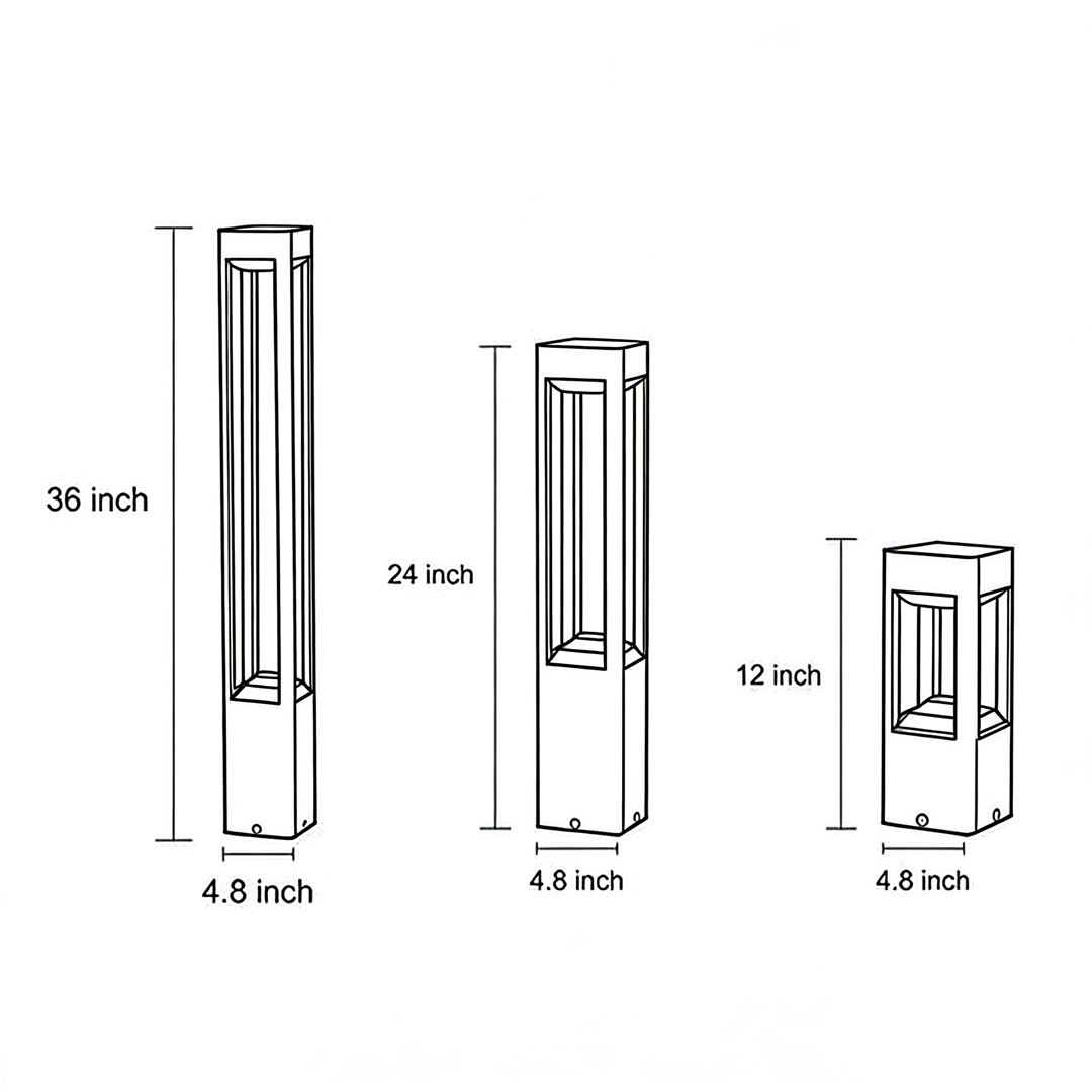 Dimensional drawings of three different specifications of bollard landscape lighting products