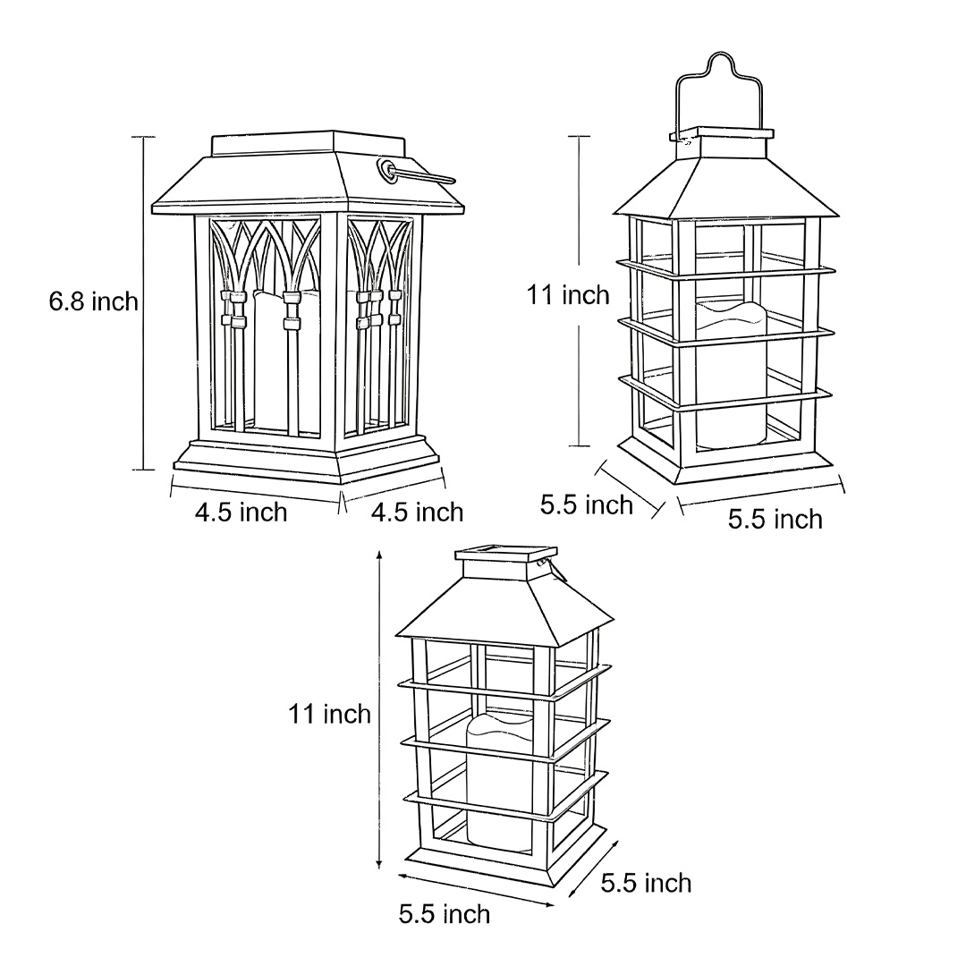 Product dimension diagrams for the three sizes of Candlestick lanterns