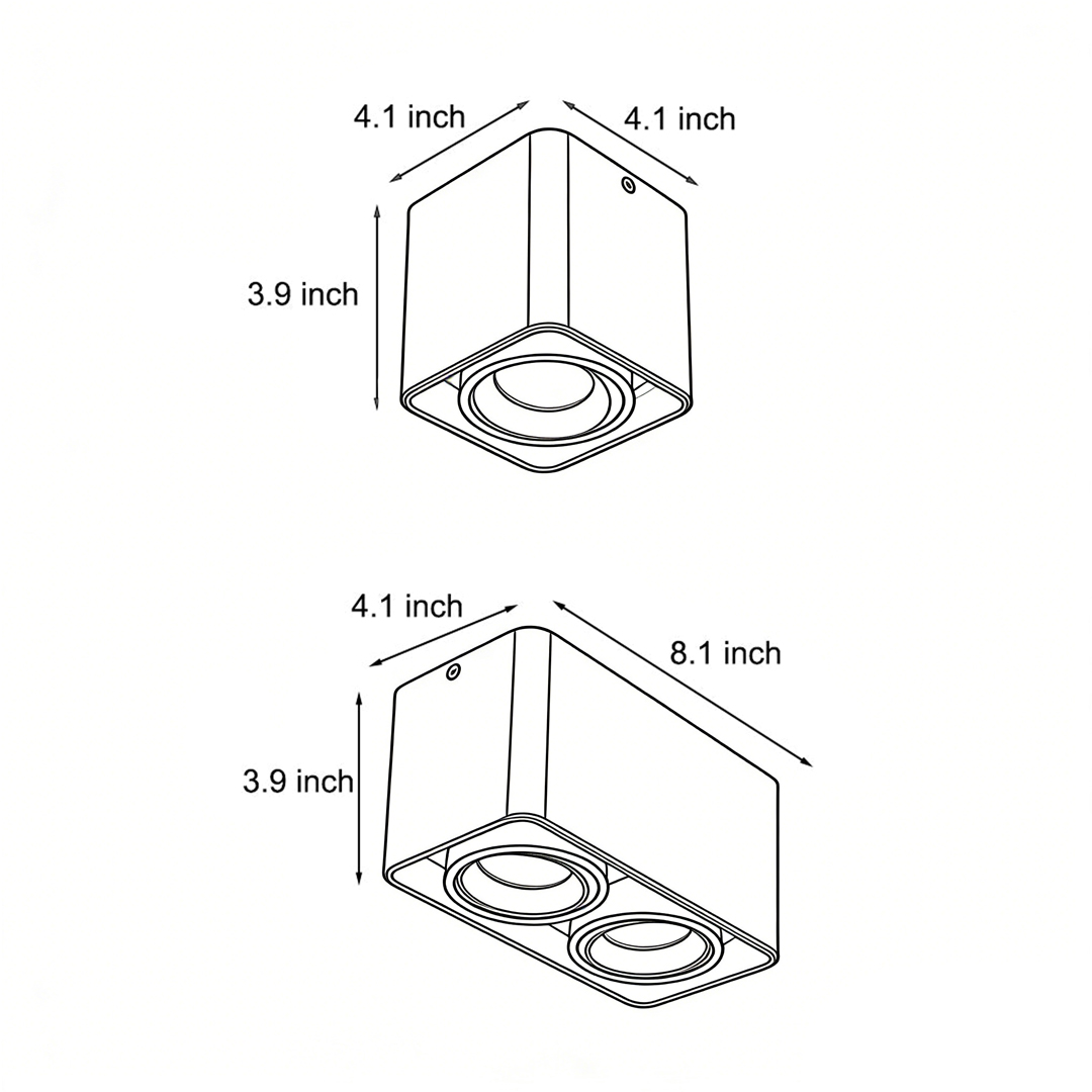 Dimensional drawings of two specifications of surface-mounted spotlight products