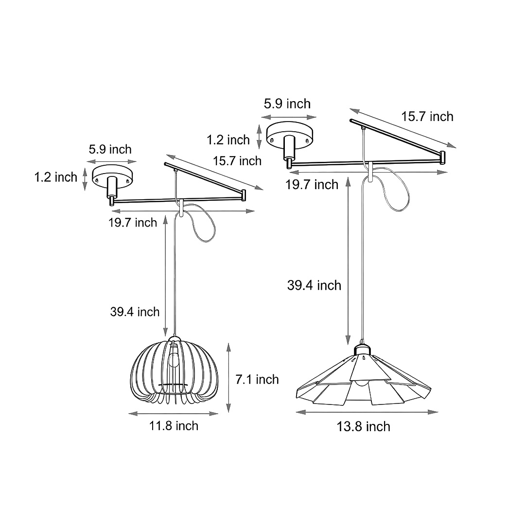Dimensional drawings of two specifications of adjustable pendant light fixtures