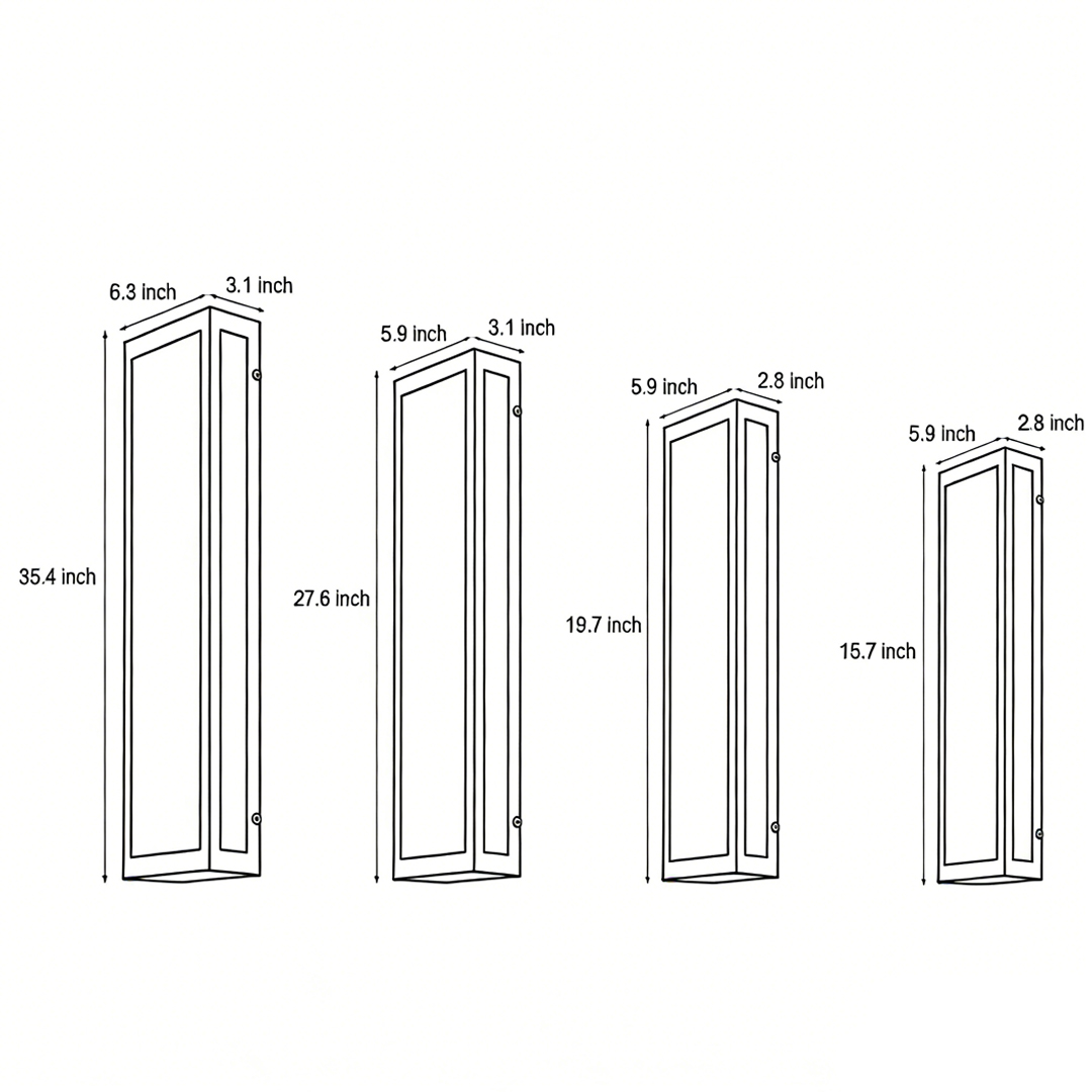 Dimensional drawings of four different specifications of rectangular outdoor wall lighting