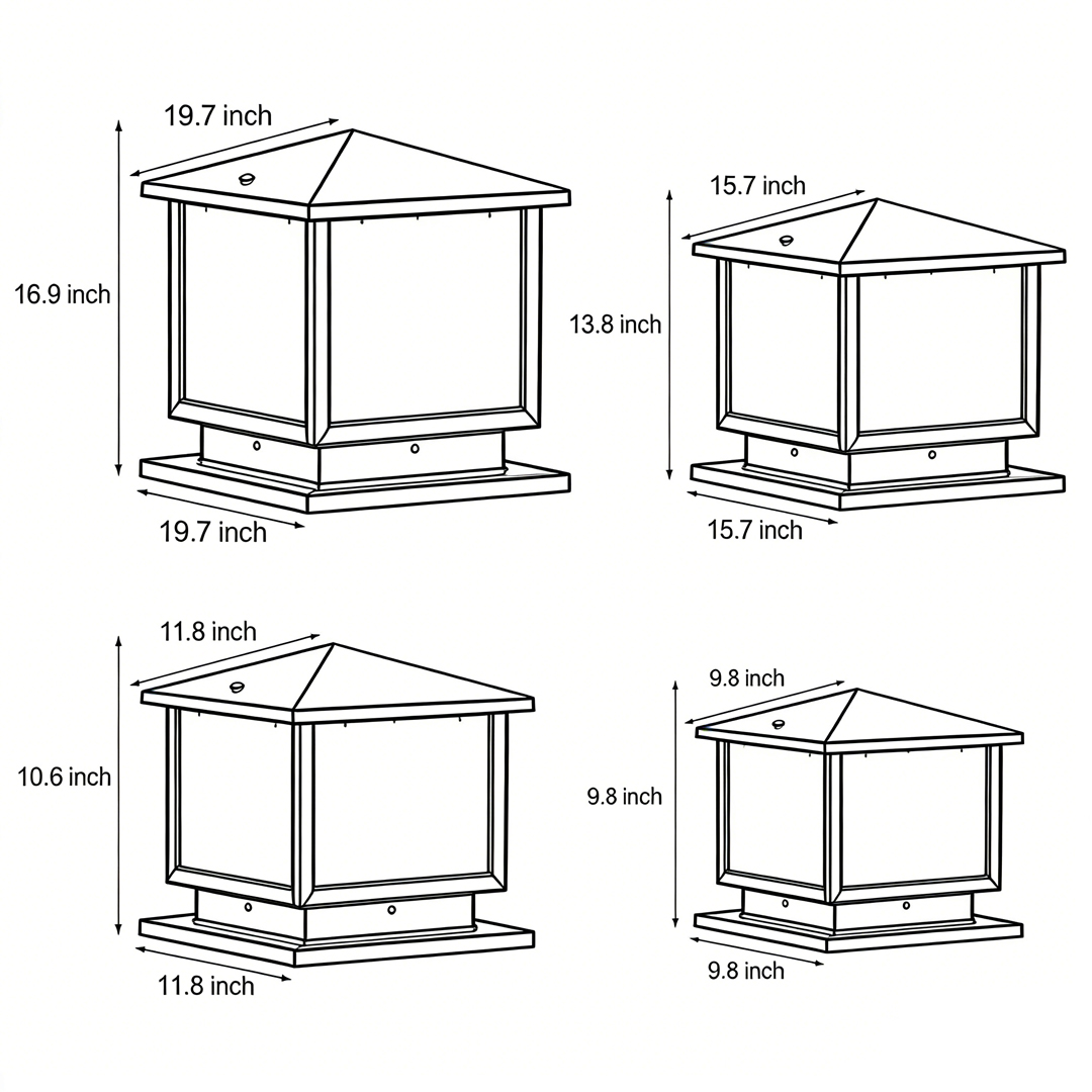 Dimensional drawings of four different sizes of modern outdoor pillar lights