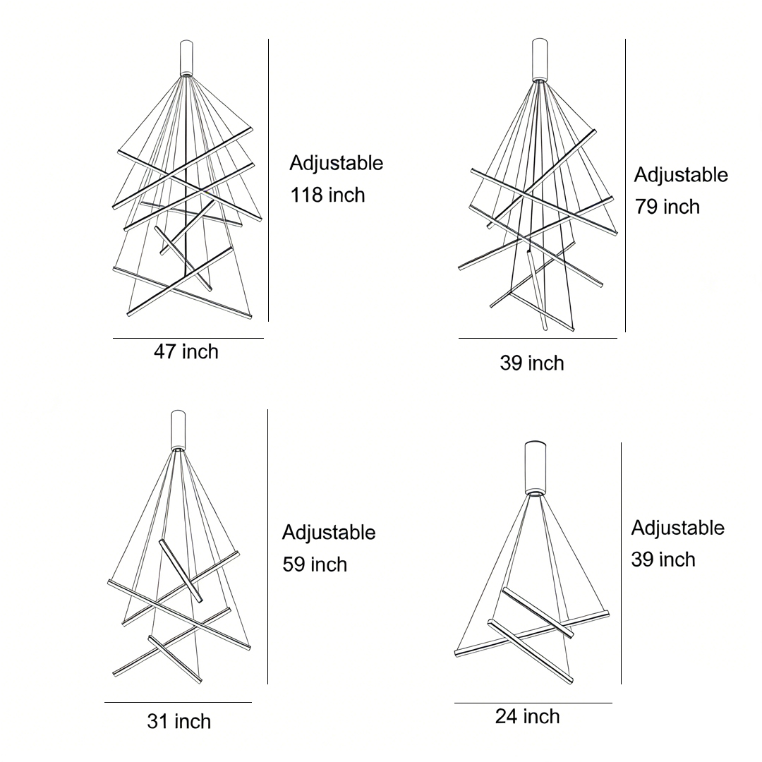 Product dimension diagrams for the four specifications of the Criss linear chandelier