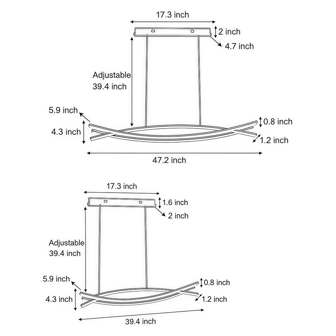 Dimensional drawings of two different sizes of the wave hanging light