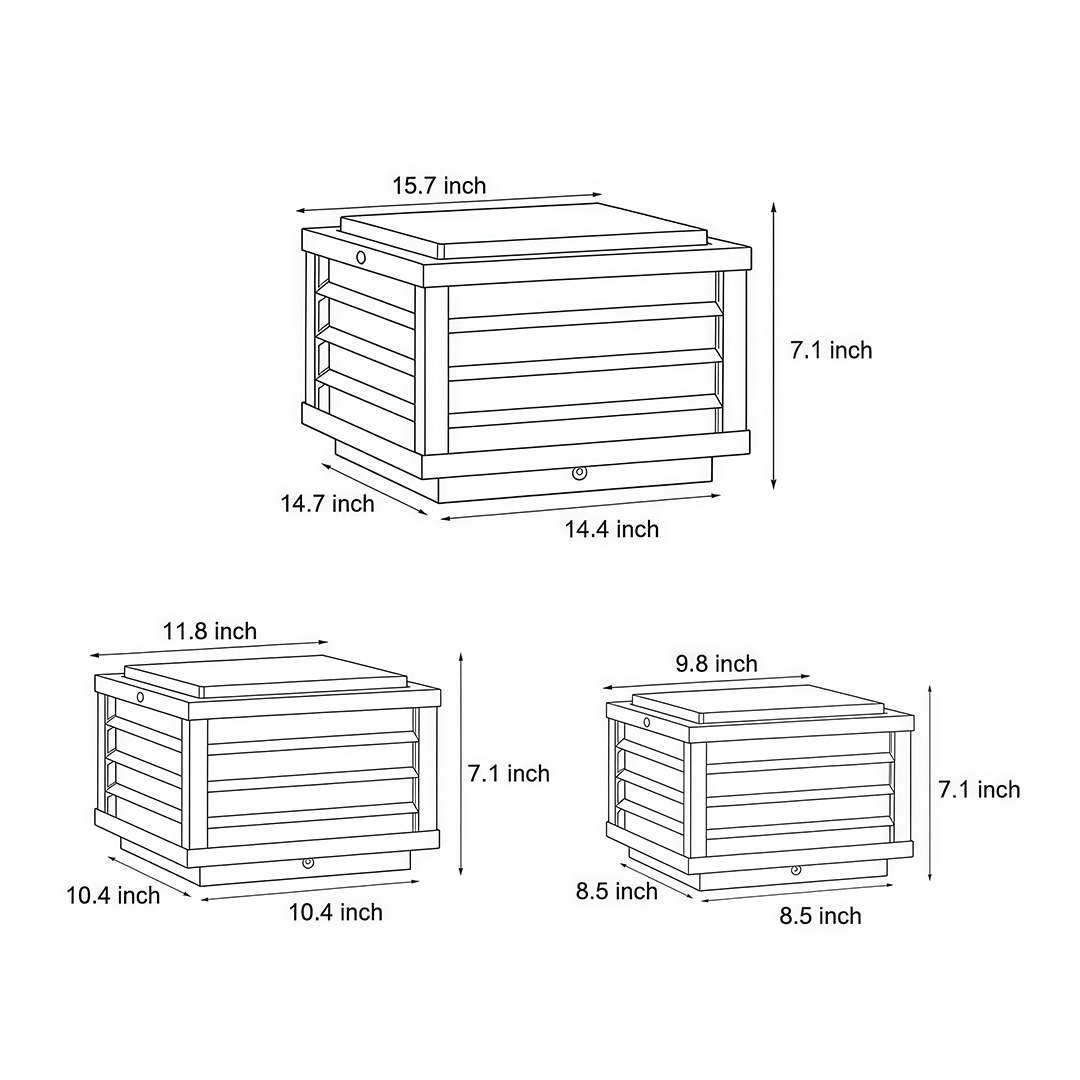 Dimensional drawings of three different specifications of black gate pillar lights