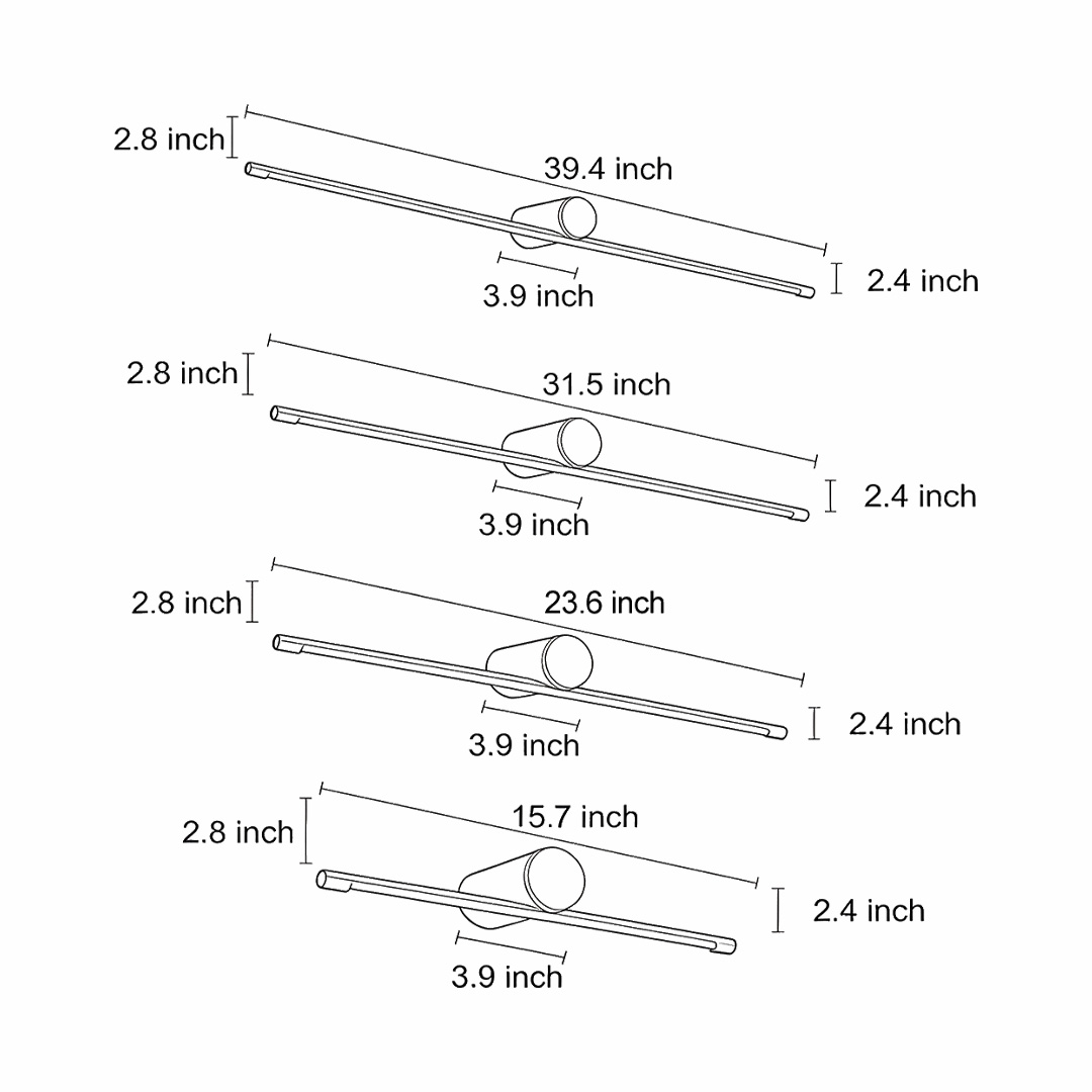 Dimensional drawings of four different sizes of linear vanity light bars