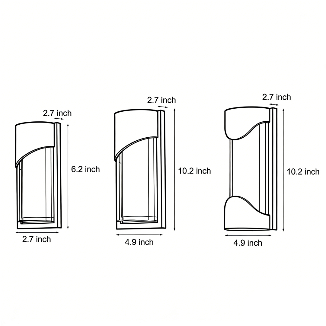 Dimensional drawings of three different sizes of black outdoor wall lights