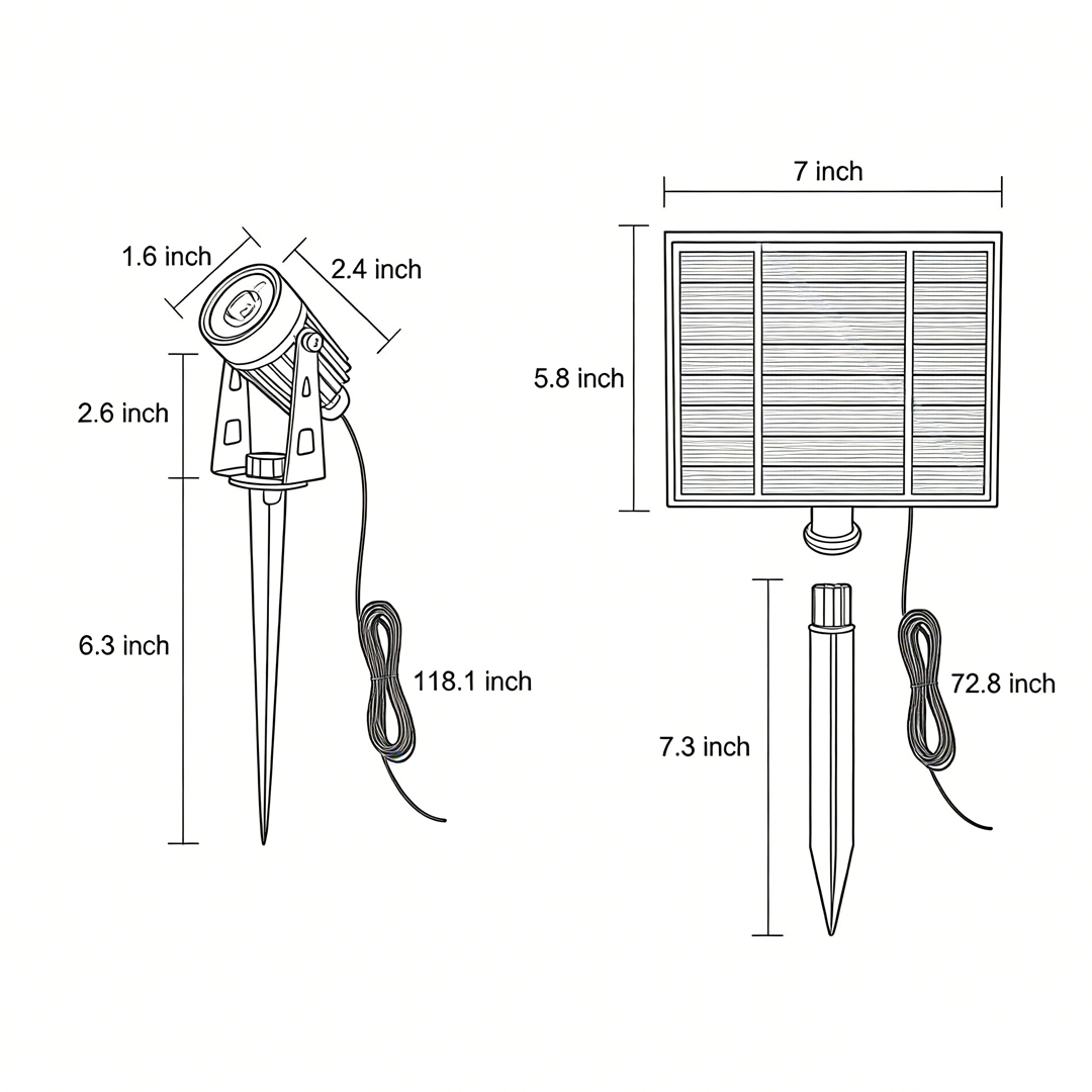 Dimensional drawing of a solar-powered landscape spotlight