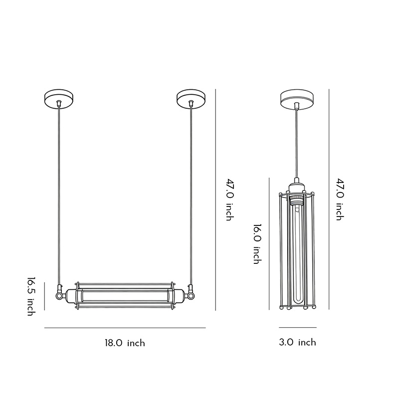 Specification diagrams showing two installation modes for industrial-style pendant light fixtures.