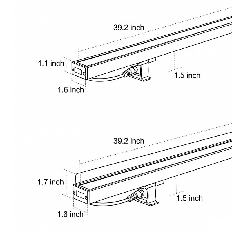 Specification diagrams for two sizes of low voltage wall wash lights.