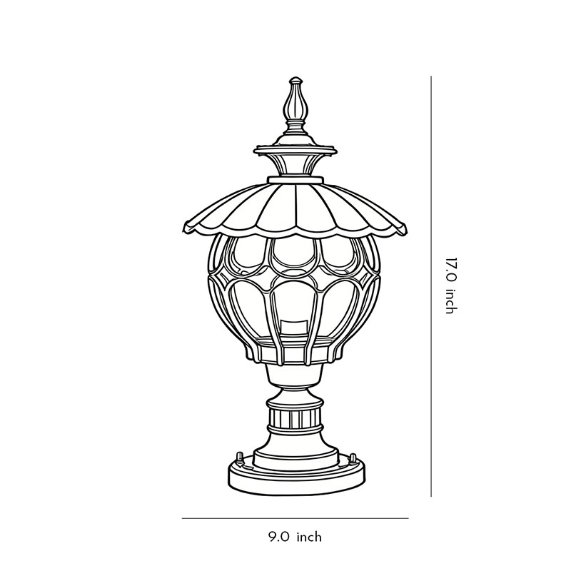 Dimensional specification diagram for dusk-to-dawn pillar lights 17inch*9inch.