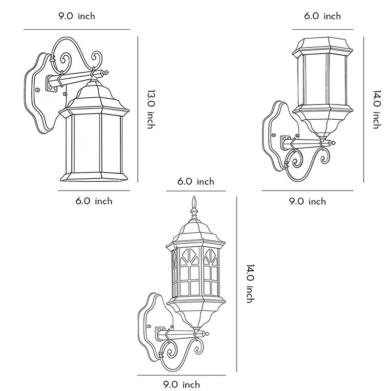 Specification diagrams for three sizes of classic porch lights.
