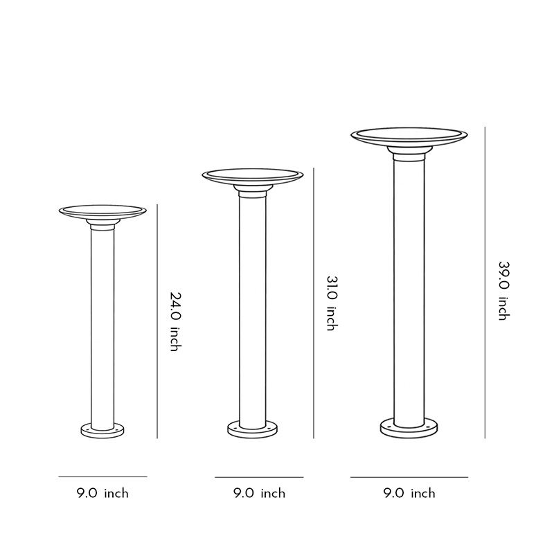 Specification diagrams for three sizes of decorative solar path lights.
