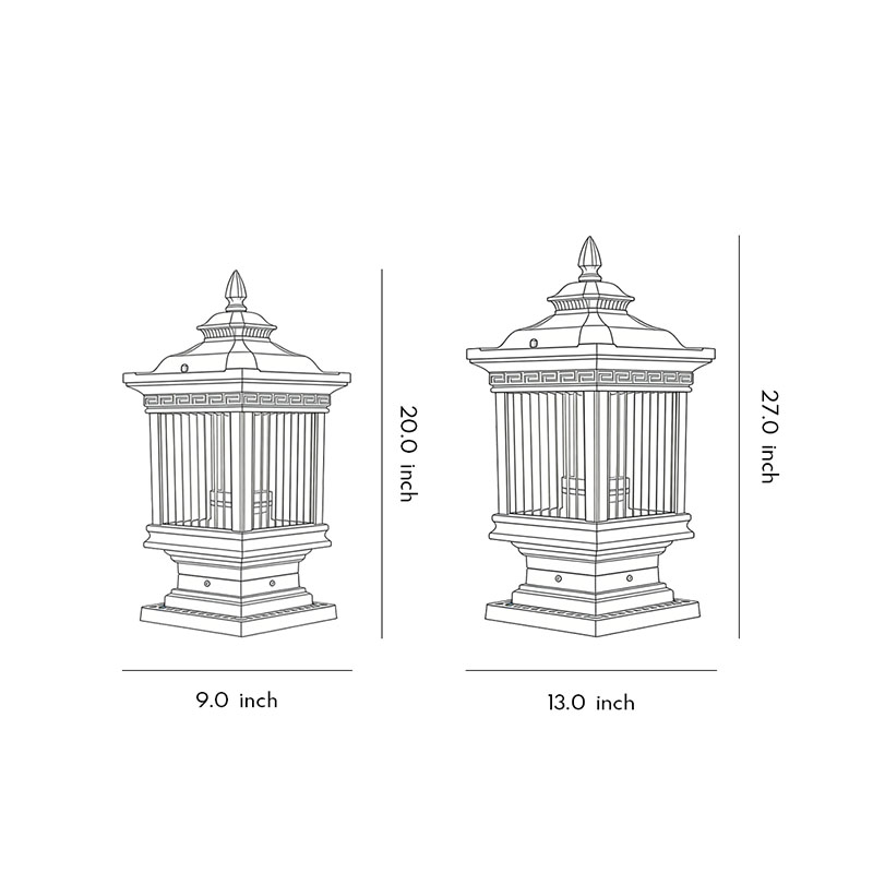 Specification diagrams for two sizes of solar garden post lights.