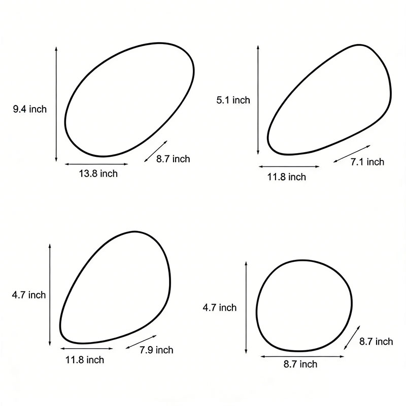 Dimensional drawings of the four sizes of the Pebbles Wall Lamp
