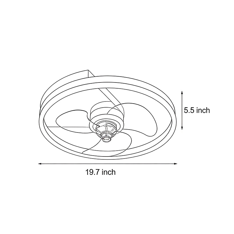 Dimensional drawing of the round ceiling fan with light, 19.7inch*5.5inch