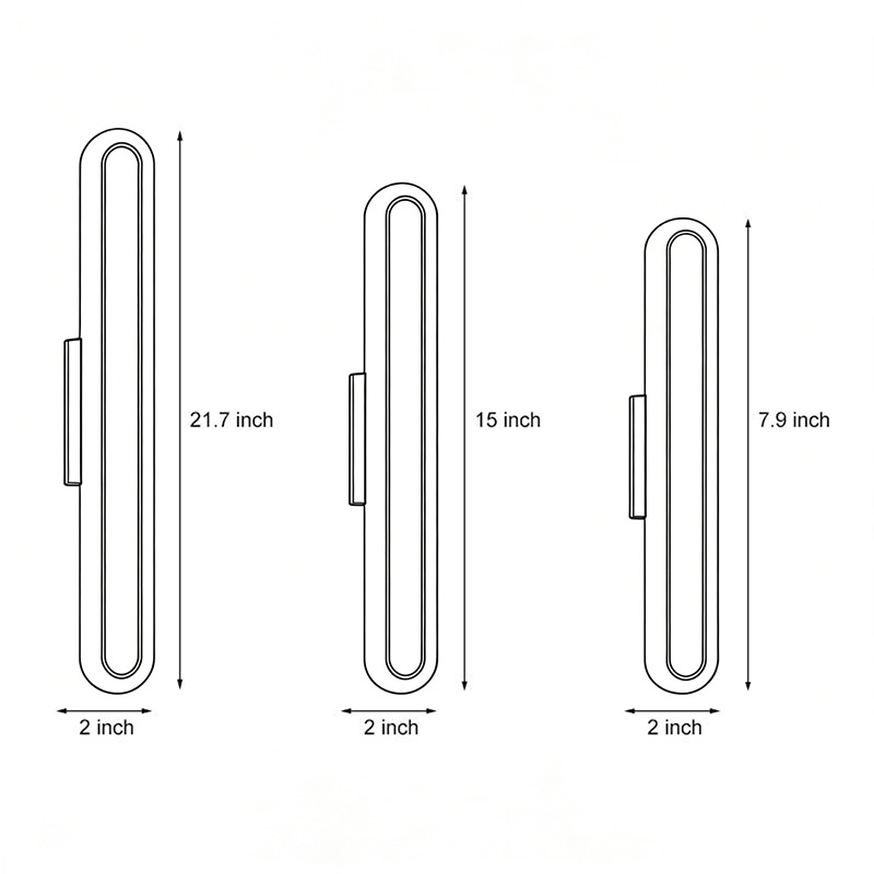 Three different size specifications for the bar wall light.