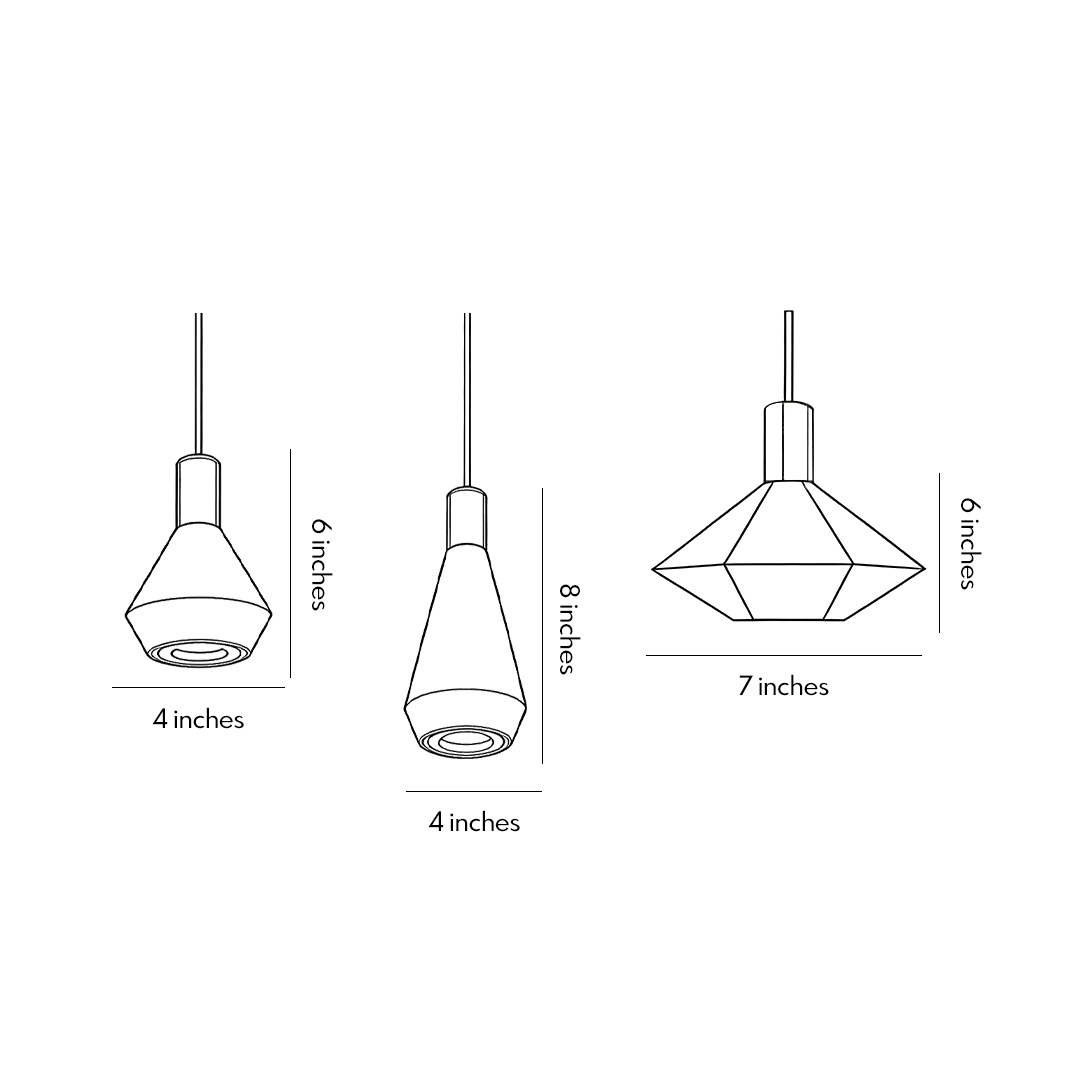 Three different size specifications for mini hanging pendant lights.