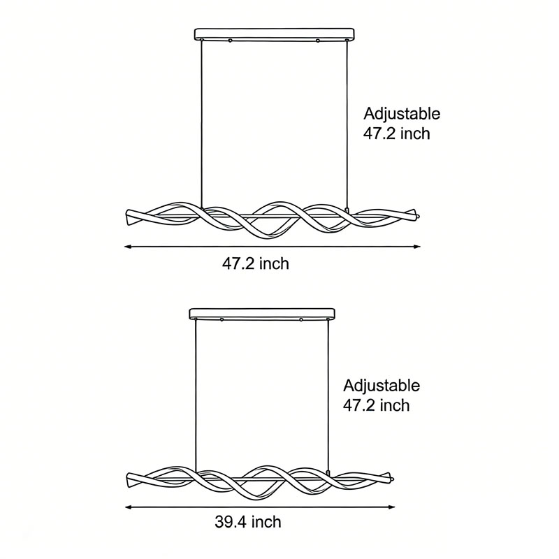 Dimensional drawings of two specifications of the spiral pendant linear hanging chandelier.