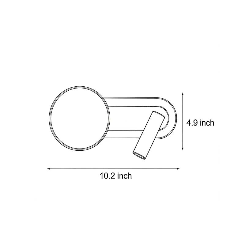 Dimensional drawing of the wall-mounted reading light for beds 4.9inch*10.2inch