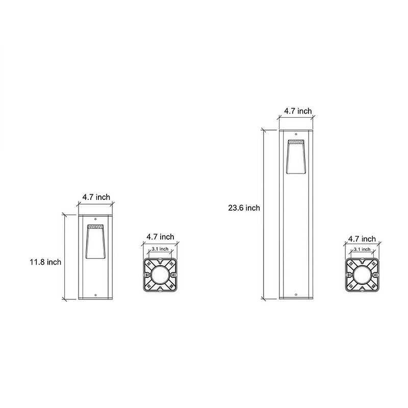 Dimensional drawings of two specifications of pathway bollard lights.
