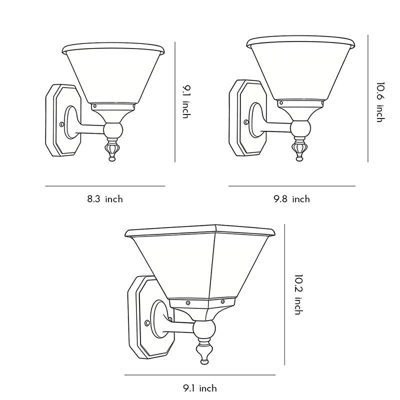 Dimensional drawings of the three sizes of funnel wall lights