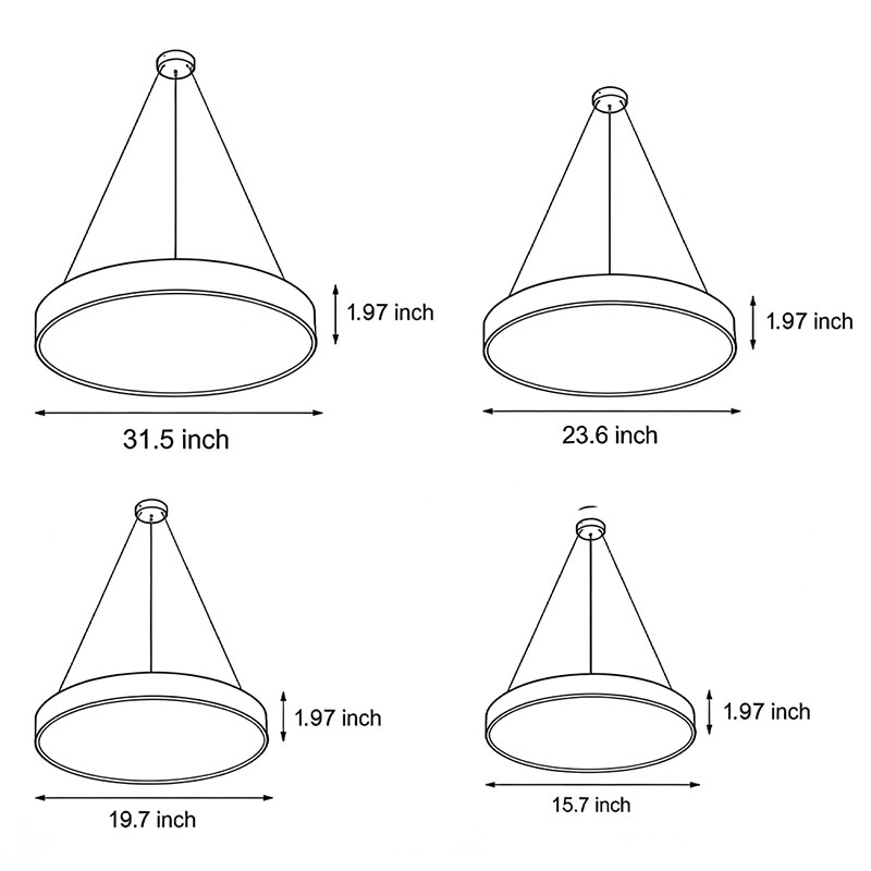 Round pendant lights size chart displaying multiple diameter options and suspension dimensions.