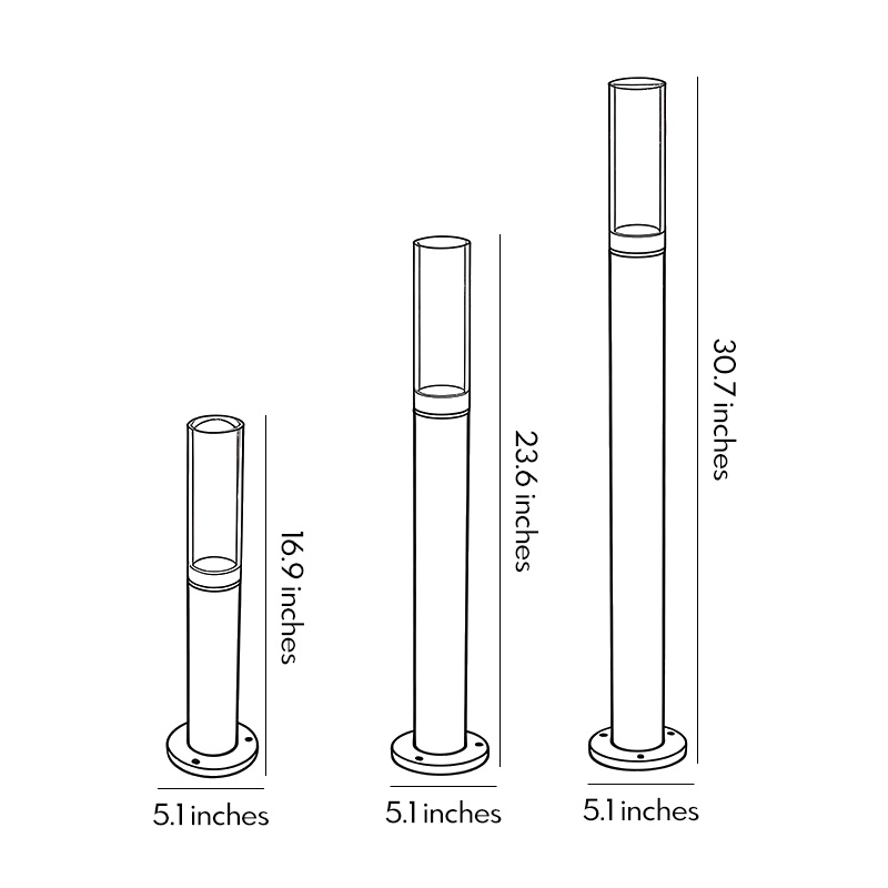 Three different size diagrams for modern bollard lighting products.