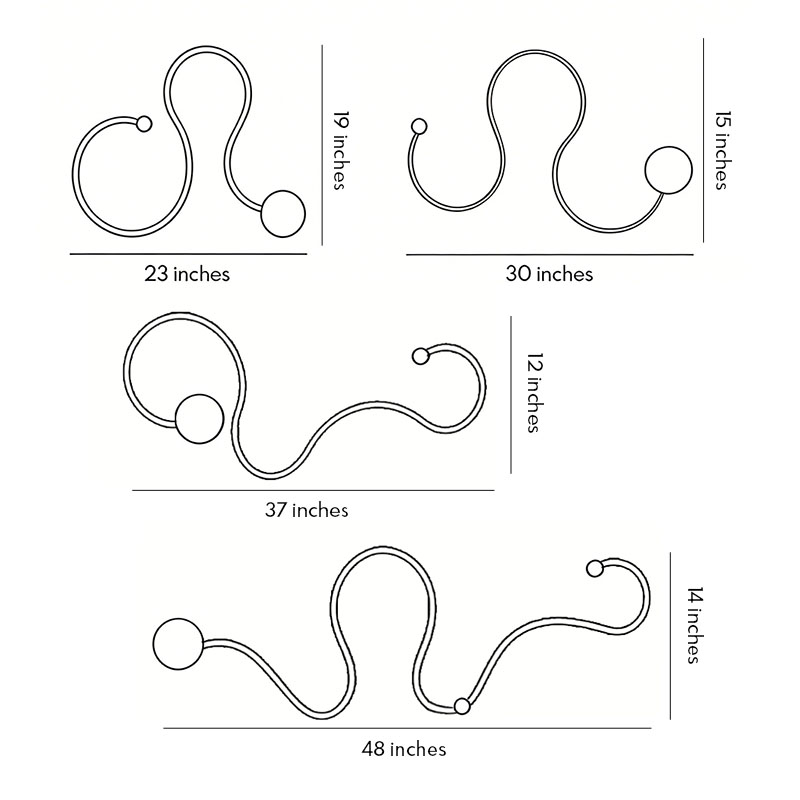 Four size diagrams of the curved wall sconce product.