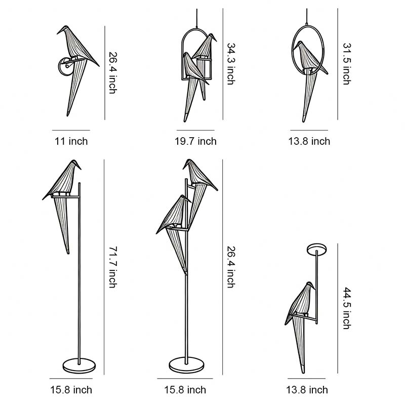 Six product dimension diagrams of bird wall light.