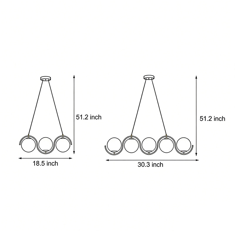 Product size diagrams of two types of Glass ball Linear chandelier.