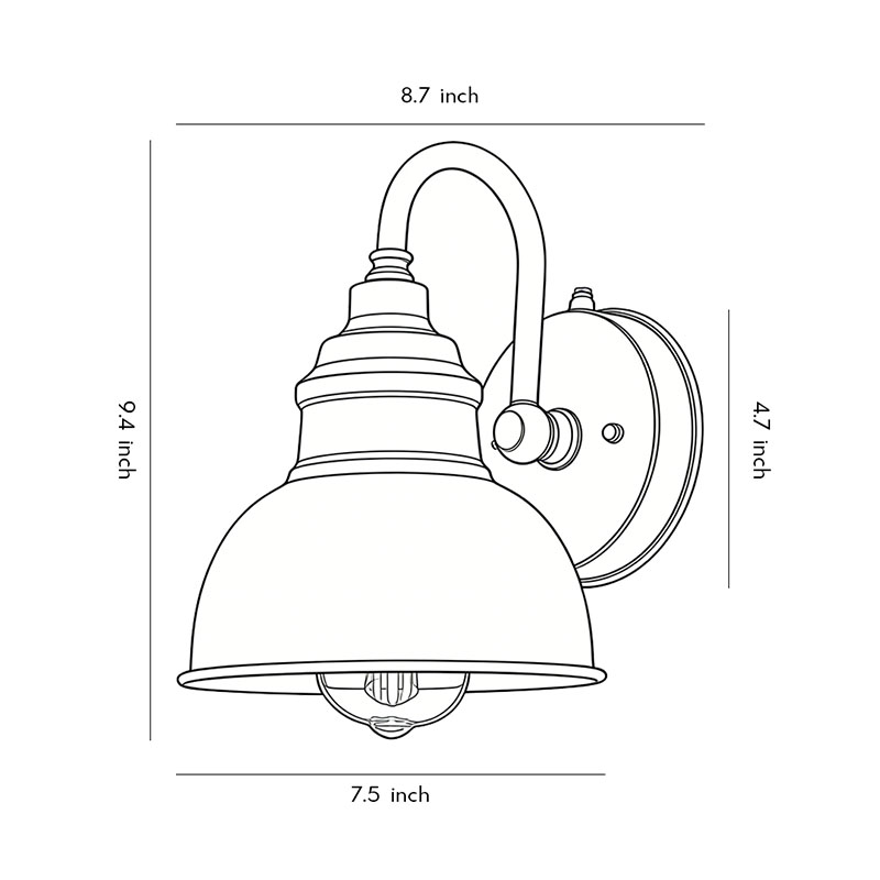 Product dimension drawings of the matte black gooseneck light 7.5inch*9.4inch*4.7inch..