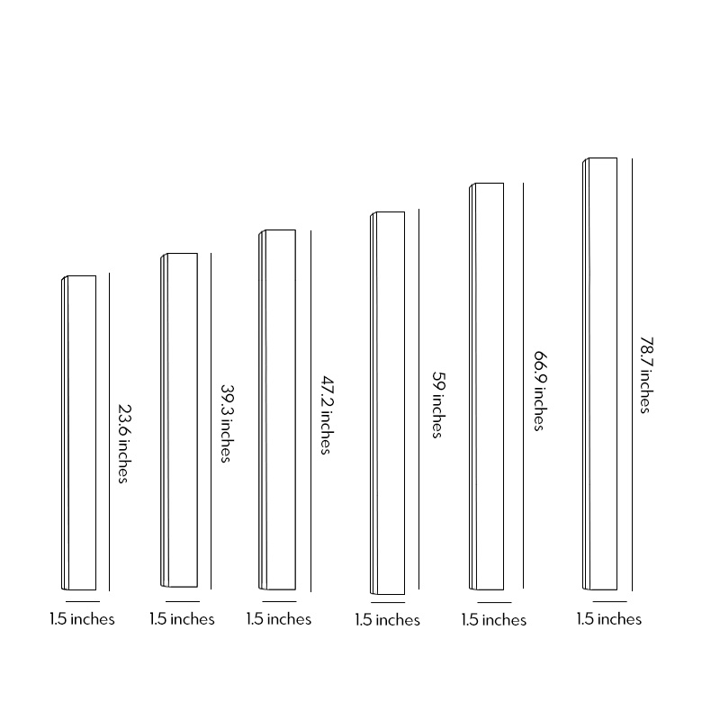 Six different size diagrams of the outdoor strip wall light.