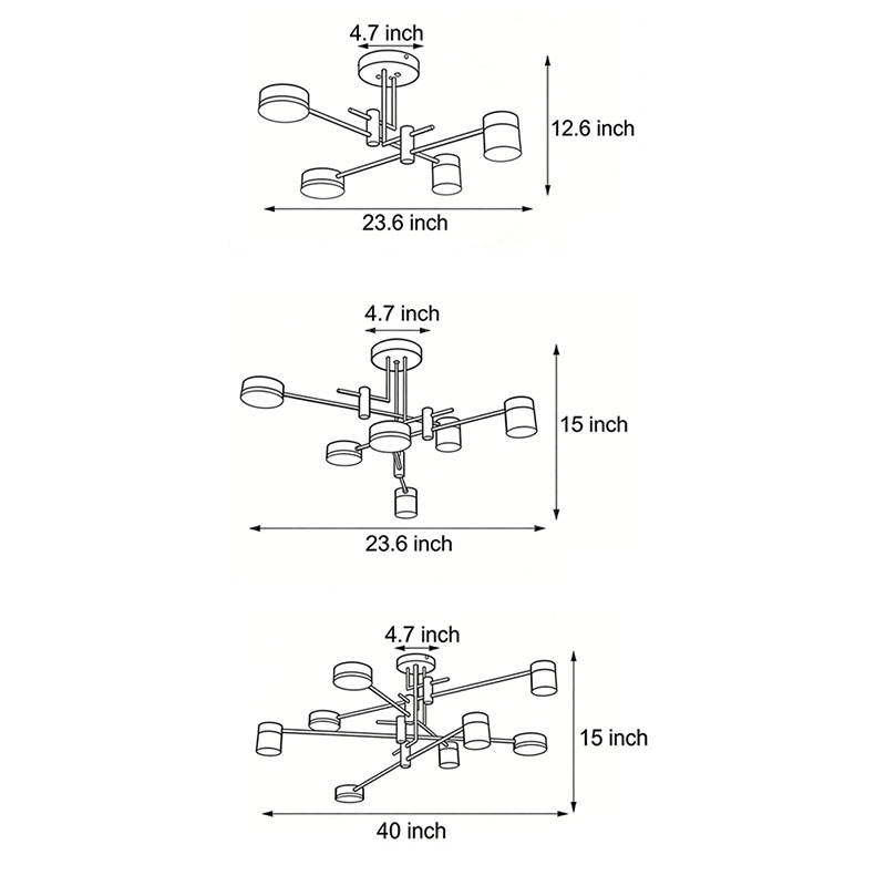 Product size diagrams for three types of Black and gold Sputnik ceiling lights.
