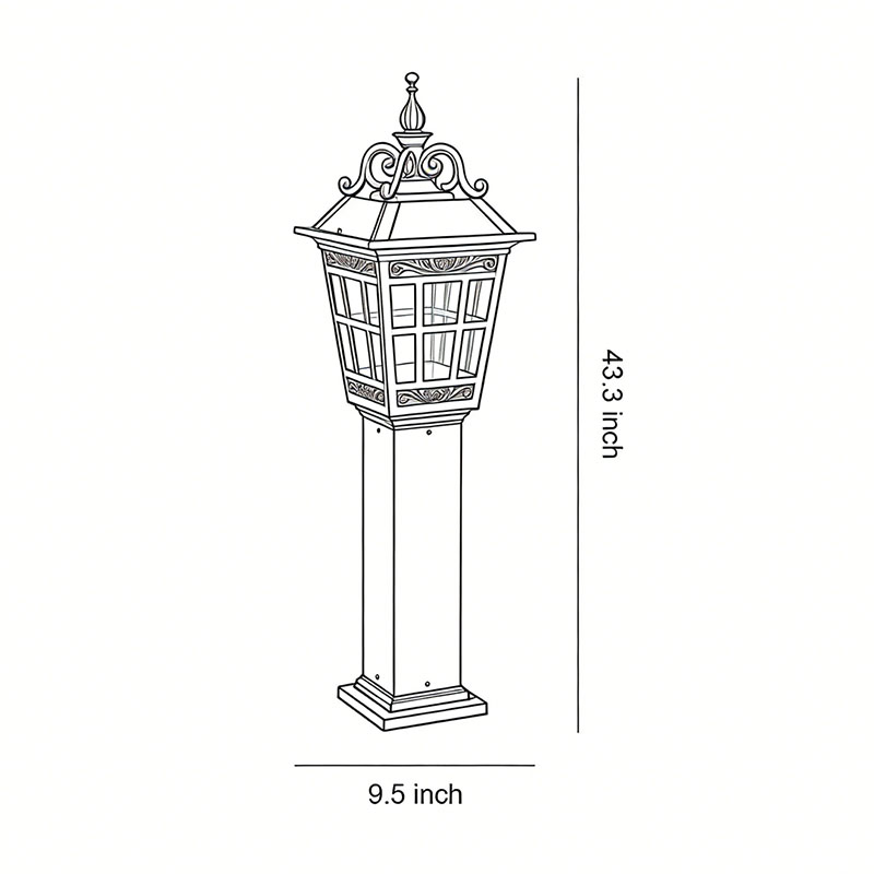 Product dimension diagrams for external post lights 43.3inch*9.5inch.
