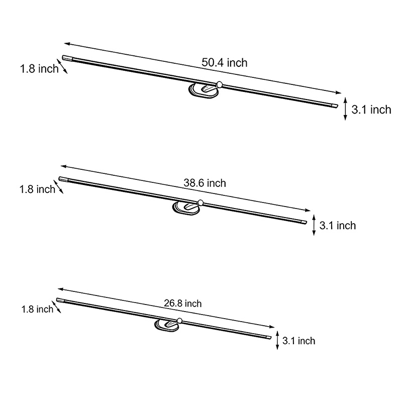 Product size diagrams for three types of bathroom vanity light strip.