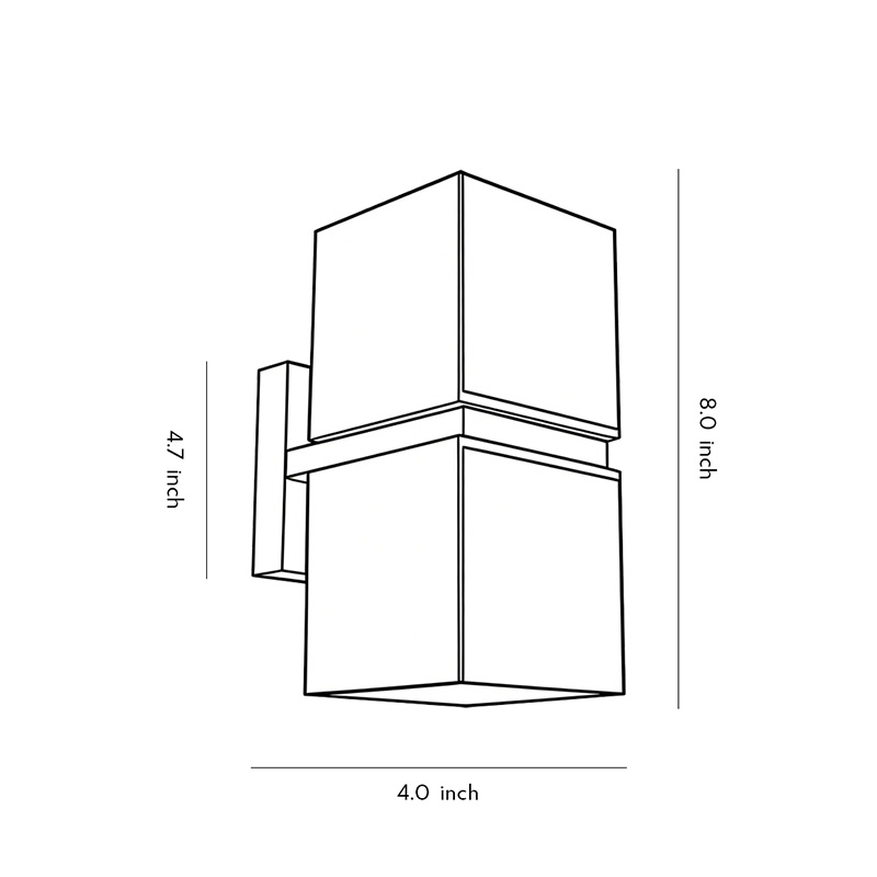 Product dimensions diagram for the double-headed wall light 8.0inch*4.0inch*4.7inch.