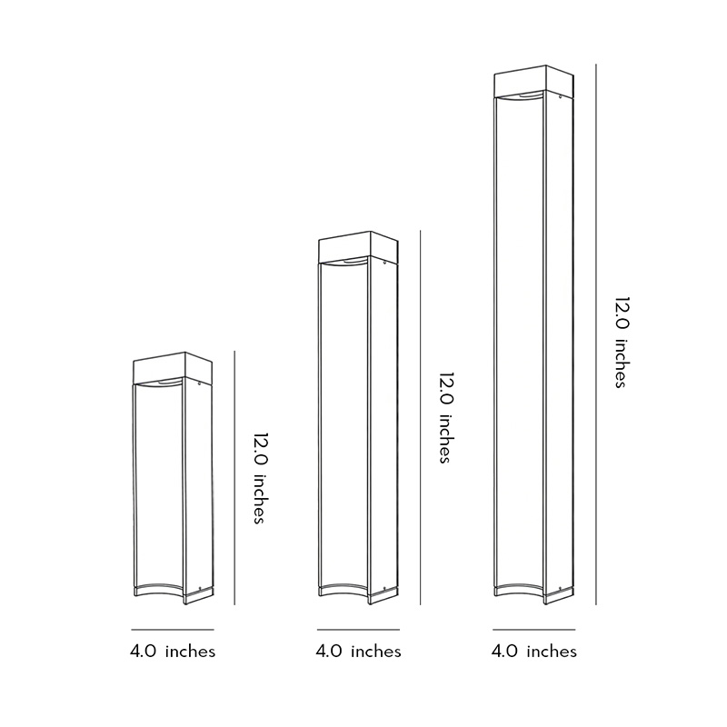 Three different size diagrams for bollard LED lights.