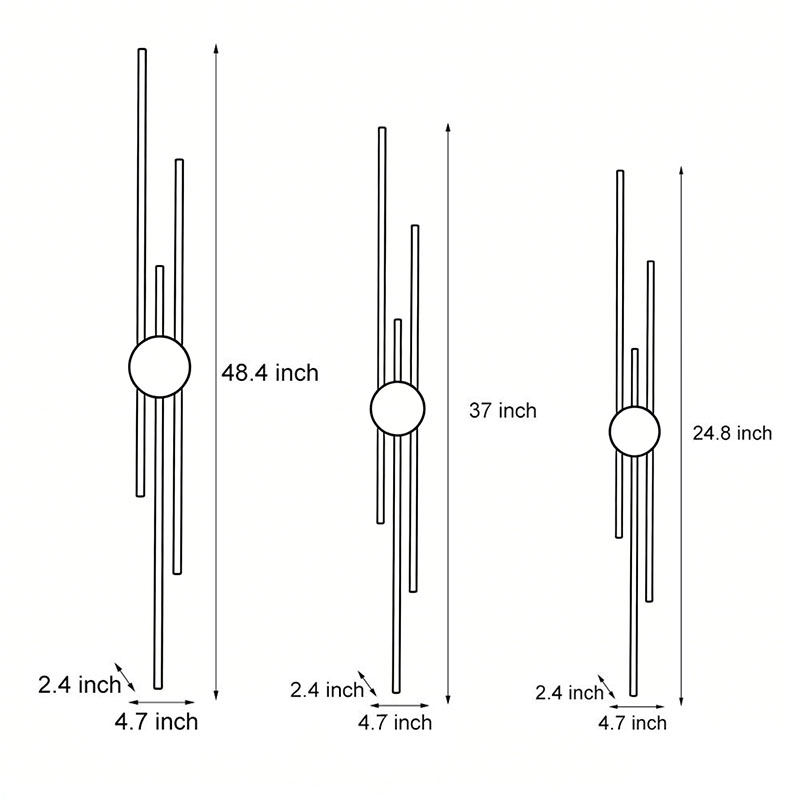 Three product dimension diagrams of modern linear wall sconce.