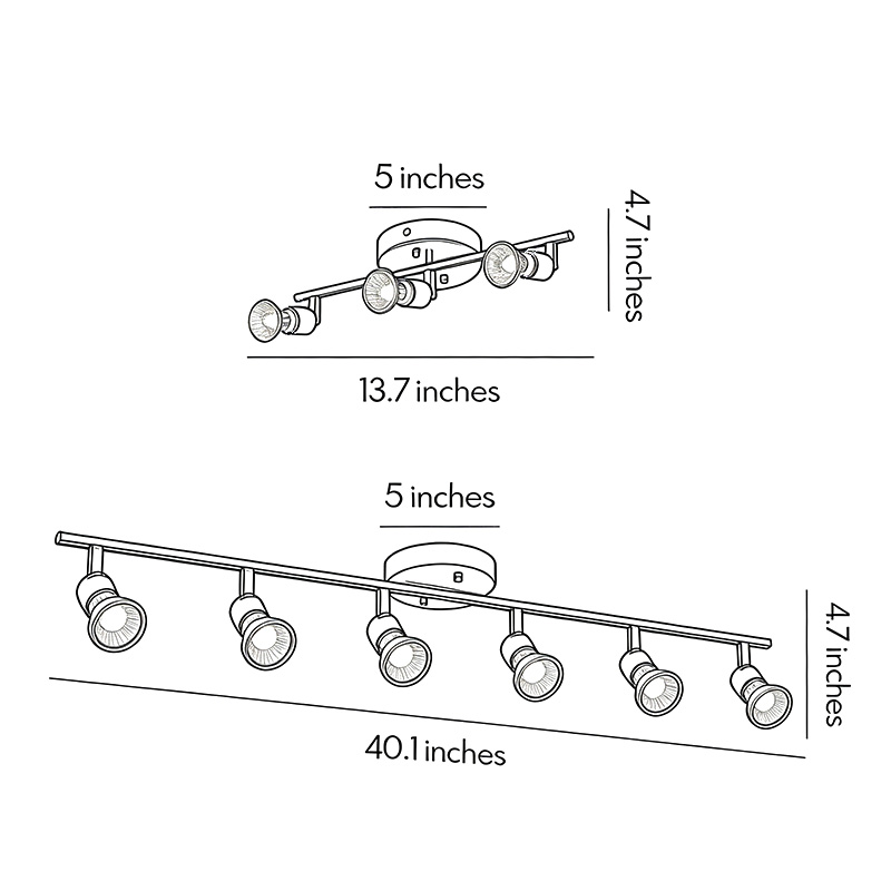 Two dimension diagrams of the black adjustable ceiling lights.