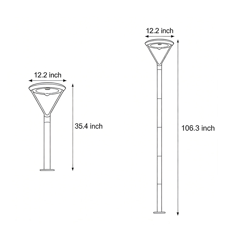 Two product dimension diagrams for garden pole lamps.
