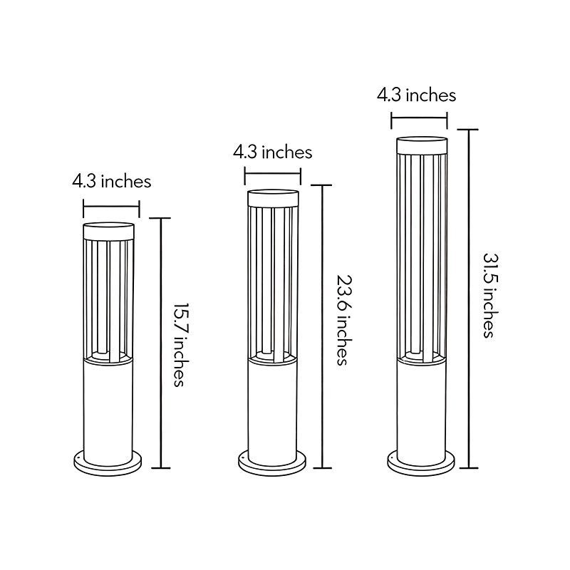 Three dimension drawings of exterior bollard light fixtures.