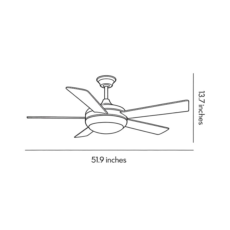 Product dimensions diagram for a semi-flush mount ceiling fan with light 51.9inch*13.7inch.